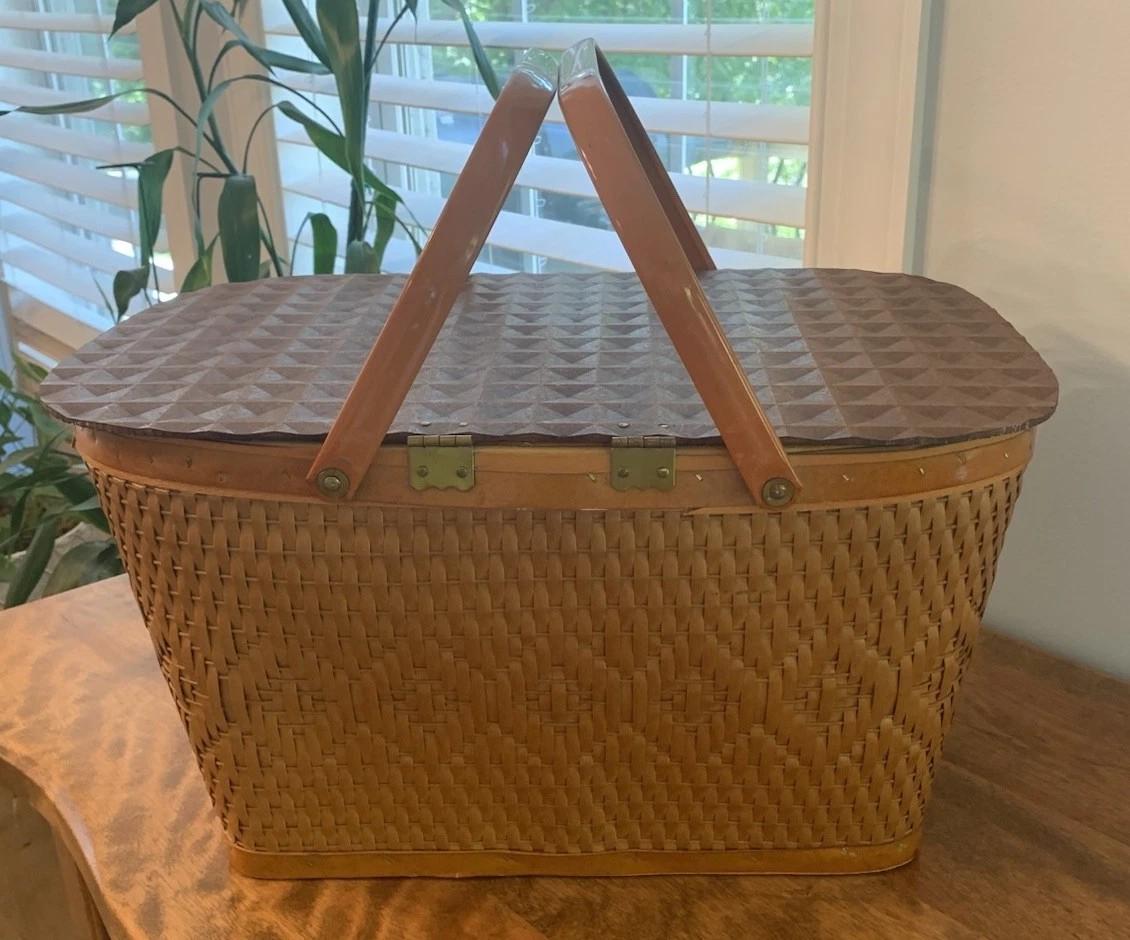 Vintage REDMAN MCM Picnic Basket Woven Wood With Metal Handle USA 18" X ...