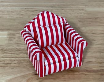 Miniature Red and White Stripe Chair with Accent Pillow, 1:12 Scale