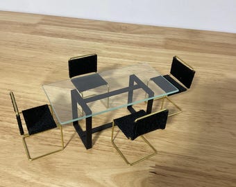 Miniature Artisan Made Modern Glass Dining Table with Four Brass & Leather Chairs, 1:12 Scale (Pre‑Owned)