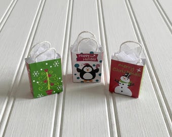Miniature Christmas Gift Bags, Set of 3 - Holiday Decor, 1:12 Scale