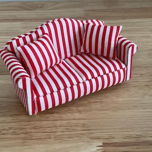 Dollhouse Miniature Red and White Stripe Sofa with 2  Pillows 1:12 Scale