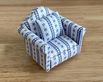 Miniature Blue and White Stripe Floral Chair with Accent Pillow, 1:12 Scale