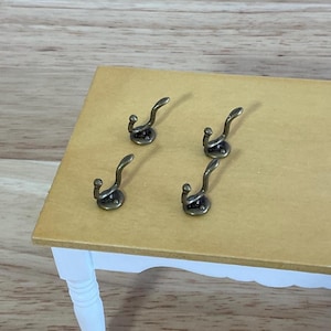 Dollhouse Miniature Hooks, Antique Bronze, 1:12 Scale, Set of 4