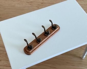 Miniature Wood Rack with 4 Antique Bronze Hooks 1:12 Scale