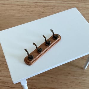 Miniature Wood Rack with 4 Antique Bronze Hooks, 1:12 Scale
