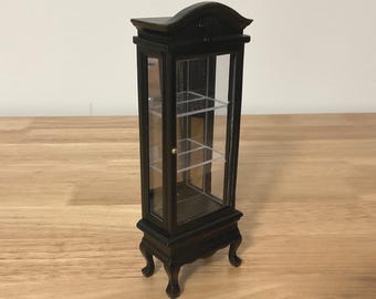 Miniature Black Curio Display Cabinet with Shelves and Mirror Back 1:12 Scale