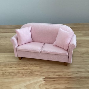 Dollhouse Miniature Pink Sofa with Pillows, Living Room Sofa 1:12 Scale