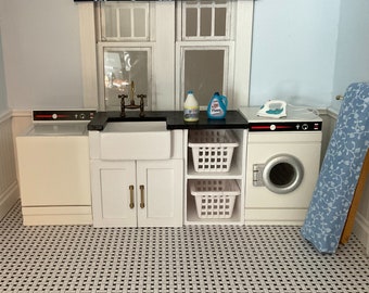 Dollhouse Miniature White Laundry Sink Cabinet with Clothes Hampers, Shelves & Detergent 1:12 Scale