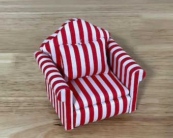 Miniature Red and White Stripe Chair with Pillow 1:12 Scale
