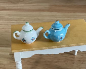 Miniature Ceramic Teapot with Lid in White or Blue, 1:12 Scale