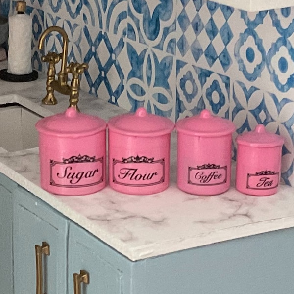Dollhouse Miniature 4 Piece Kitchen Canister Set in Bright Pink Vintage Look 1:12 Scale