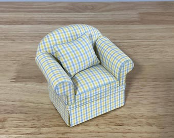 Miniature Ashley Blue and Yellow Check Chair with Accent Pillow, 1:12 Scale