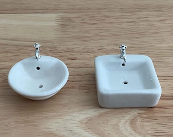 Miniature White Round or Square Porcelain Sink, 1:12 Scale