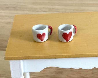 Miniature Pair of Ceramic Coffee Mugs with Red Heart, 1:12 Scale