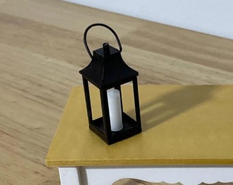 Miniature Farmhouse Style Black Lantern with Candle, 1:12 Scale