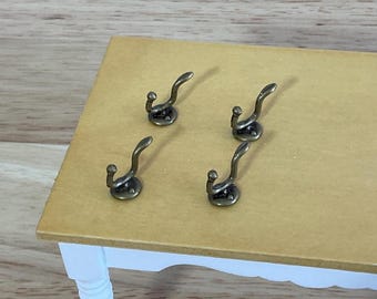 Miniature Hooks, Antique Bronze, 1:12 Scale, Set of 4