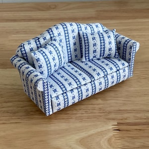 Miniature Blue and White Floral Stripe Sofa with Accent Pillows, 1:12 Scale