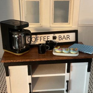 1:12 Scale Dollhouse Miniature Kitchen Coffee Bar with Accessories, Coffee Pot, 2 Coffee Mugs, Plate of Donuts, "Coffee Bar" Sign & Towel