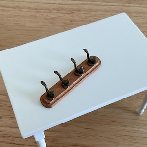 Miniature Wood Rack with 4 Antique Bronze Hooks 1:12 Scale