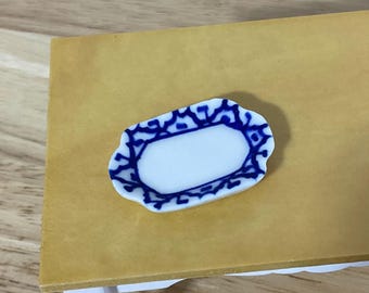 Miniature Blue and White Ceramic Rectangle Plate, 1:12 Scale