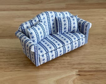 Miniature Blue and White Stripe Sofa with 2 Pillows 1:12 Scale