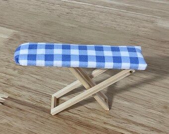 Miniature Ironing Board with Handmade Blue and White Check Cover, 1:12 Scale