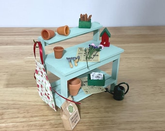 Handmade Dollhouse Miniature Potting Table Set with Gardening Accessories, 1:12 Scale