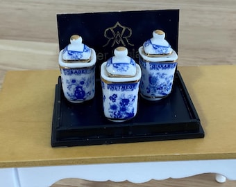 Miniature Reutter Porcelain Blue and Gold Storage Jars - Three-Piece Set, 1:12 Scale