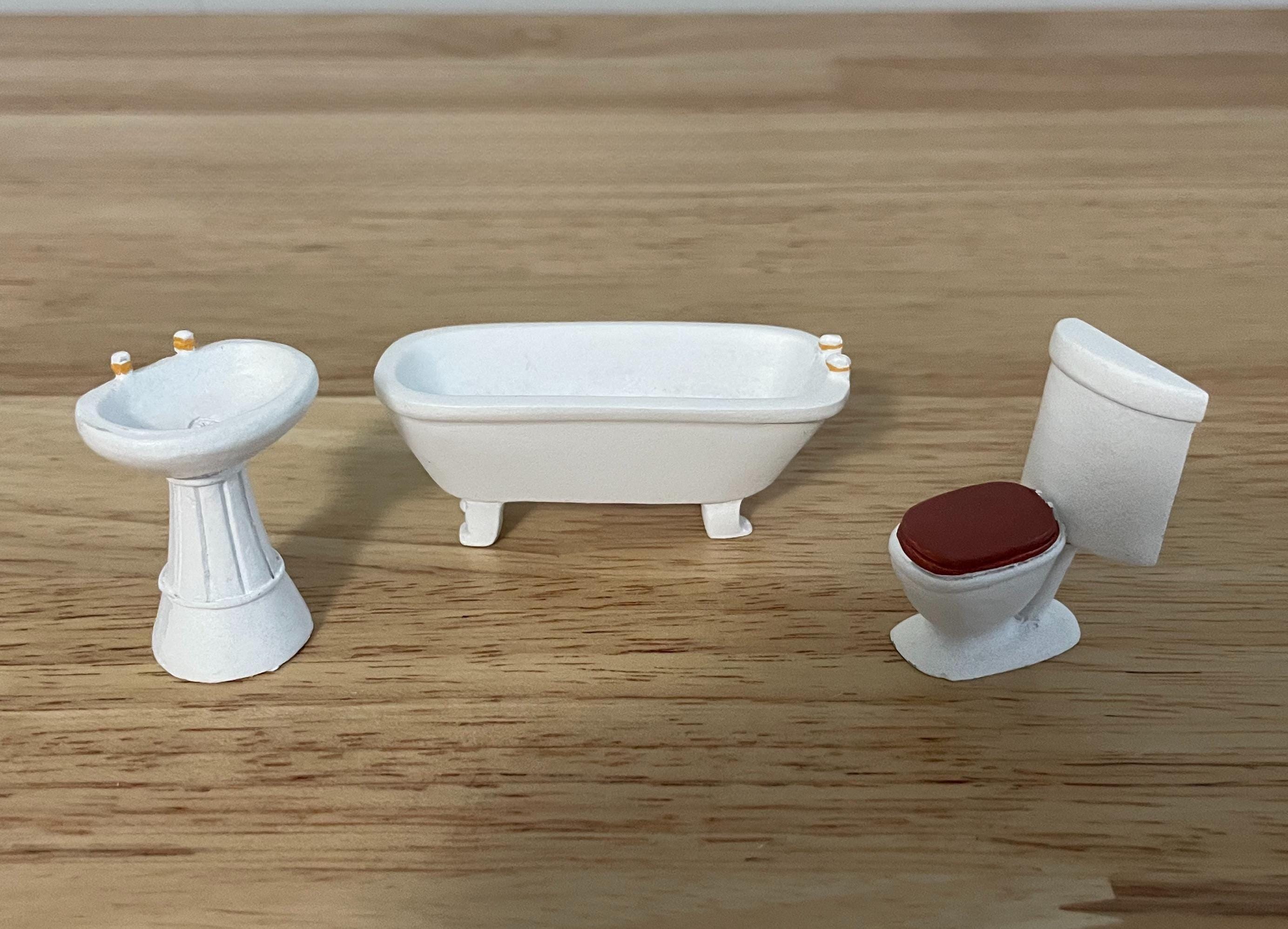 Dollhouse Miniature 1:24 Scale 3 Piece White Bathroom Set Pedestal Sink, Bathtub, Toilet