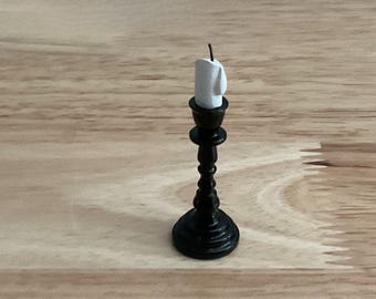 Miniature Tall Black Candleholder with White Candle, 1:12 Scale