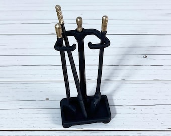 Miniature Four-Piece Set of Fireplace Tools - Black with Gold-Toned Handles, 1:12 Scale