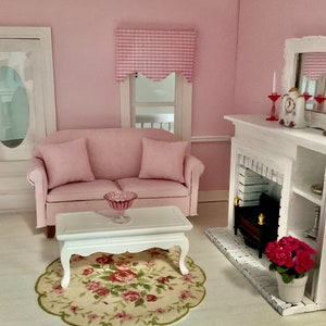 Dollhouse Miniature Pink Sofa with Pillows, Living Room Sofa 1:12 Scale