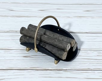 Miniature Black and Gold Fireplace Log Holder with Firewood, 1:12 Scale