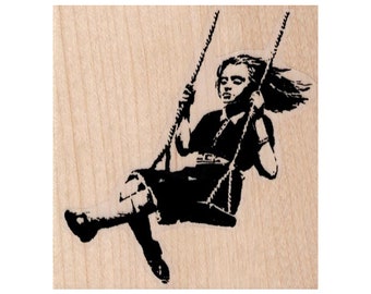 Banksy Swing Girl RUBBER STAMP, Playing Child Stamp, Kid Stamp, Girl Stamp, Swinging Stamp, Playtime Stamp, Banksy Art Stamp, Swing Stamp