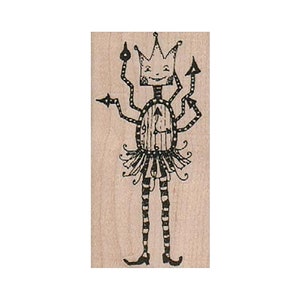 May include: A black and white illustration of a whimsical character with a crown, clock face, and multiple arms. The character is wearing a skirt and striped leggings.
