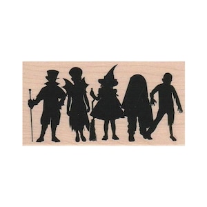 Kids In Costumes Silhouette RUBBER STAMP, Halloween Stamp, Kids in Costumes Stamp, Pumpkin Stamp, Halloween Party, Trick or Treat Stamp