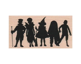 Timbro in gomma con silhouette di bambini in costume, timbro di Halloween, timbro con bambini in costume, timbro con zucca, festa di Halloween, timbro "Dolcetto o scherzetto"