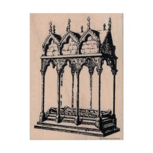 May include: A black and white illustration of a gothic style canopy bed with a detailed design. The image is on a light brown background with the text "DESERT STAMPS" at the bottom.