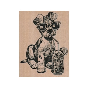Terrier en lunettes de soleil buvant du thé glacé Tampon en caoutchouc, Tampon de chien, Tampon de terrier, Tampon d'été, Tampon de lunettes de soleil, Tampon de chien cool, Chien drôle