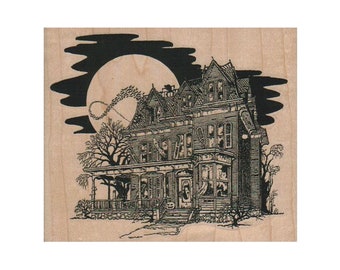 May include: A black and white illustration of a spooky Victorian house with a full moon in the background. The house has a porch with a jack-o-lantern on the steps.
