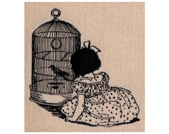 Girl With Bird Cage RUBBER STAMP, Girl Stamp, Child Stamp, Bird Cage Stamp, Kid Stamp, Child Pet Stamp, Bird Stamp, Victorian Stamp