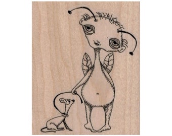 Fairy Walking Dog RUBBER STAMP, Fantasy Stamp, Fairy Stamp, Creepy Fairy Walking Dog by Leslie Wood, Fairy Stamp, Pixie Stamp, Sprite Stamp