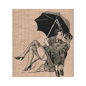 Couple Kissing Under Umbrella RUBBER STAMP, Lovers Stamp, In Love Stamp, Kissing Stamp, Kiss, Love Stamp, Valentine&#39;s Day Stamp, Valentine