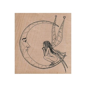 May include: A black and white line drawing of a fairy sitting on a crescent moon. The fairy has long hair and wings. The moon has a face.
