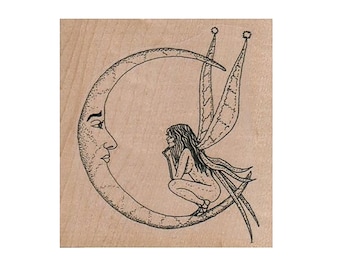 Fairy on Crescent Moon RUBBER STAMP, Fantasy Stamp, Fairy Stamp, Celestial Stamp, Moon Stamp, Fairies Stamp, Sprite Stamp, Fay Stamp, Magic