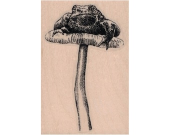 Toad On Toadstool RUBBER STAMP, Toad Stamp, Frog Stamp, Toadstool Stamp, Garden Stamp, Nature Stamp, Swamp Stamp, Tree Frog, Amphibian Stamp