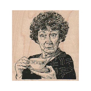 Dame die thee drinkt RUBBER STEMPEL, dame stempel, stempel theekop, thee stempel, oude dame stempel, koffiestempel, stempel koffiedrinker, stempel dame, thee
