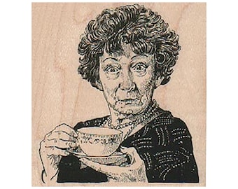 Lady Drinking Tea RUBBER STAMP, Lady Stamp, Tea Cup Stamp, Tea Stamp, Old Lady Stamp, Coffee Stamp, Coffee Drinker Stamp, Lady Stamp, Tea