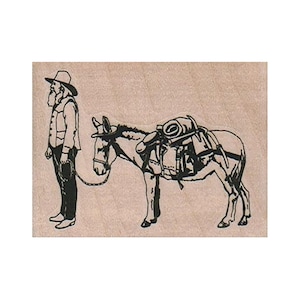 Miner With Burro RUBBER STAMP, Cowboy Stamp, Western Stamp, Old West Stamp, Mining Stamp, Burro Stamp, Jackass Stamp, Miner Stamp, Gold Rush