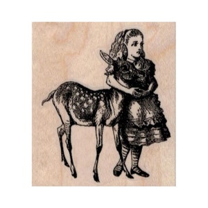 Alice with Fawn/Deer RUBBER STAMP, Alice in Wonderland Stamp, Wonderland Stamp, Through the Looking Glass Rubber Stamp, Deer Stamp, Fawn